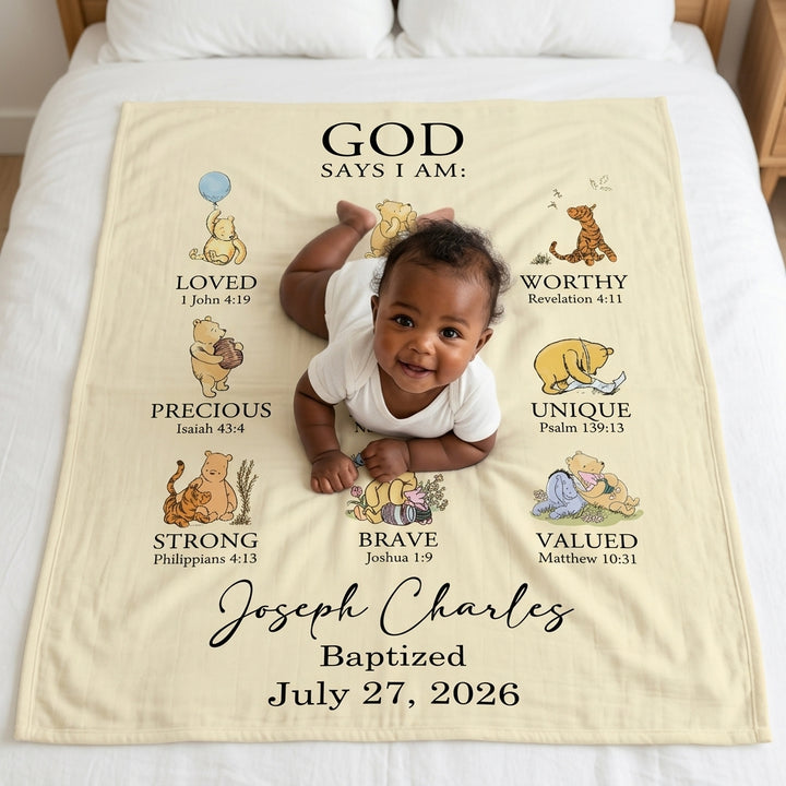 Personalized Baptism Classic Bear Bible Verses Bamboo Blanket