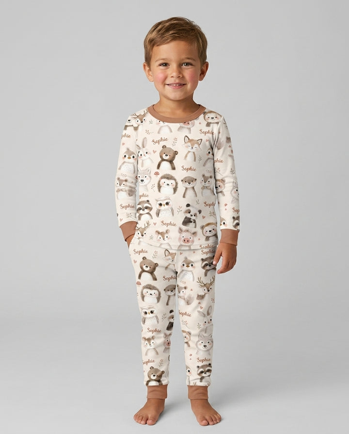Custom Name Watercolor Woodland Bamboo Two Piece Long Sleeve Pajama Set