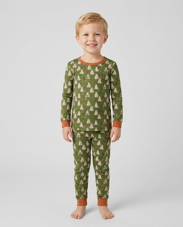 Cute Ghost Halloween Moss Green Floral Bamboo Two Piece Long Sleeve Pajama Set