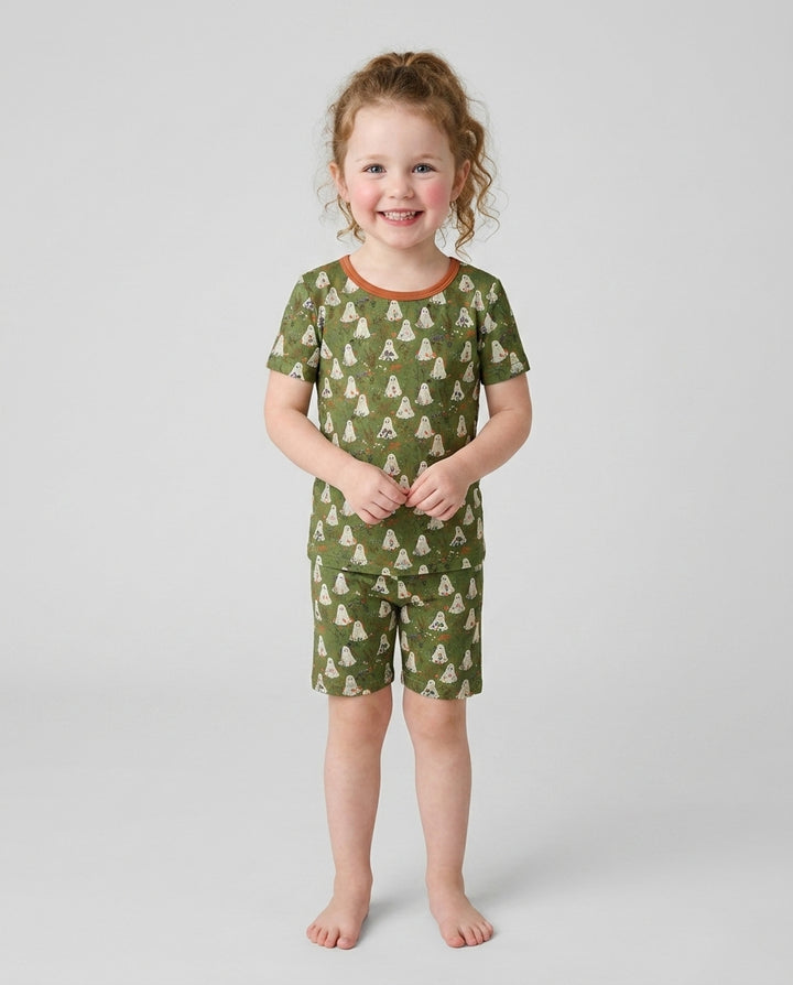 Cute Ghost Halloween Moss Green Floral Bamboo Two Piece Short Sleeve Shorts Pajama Set
