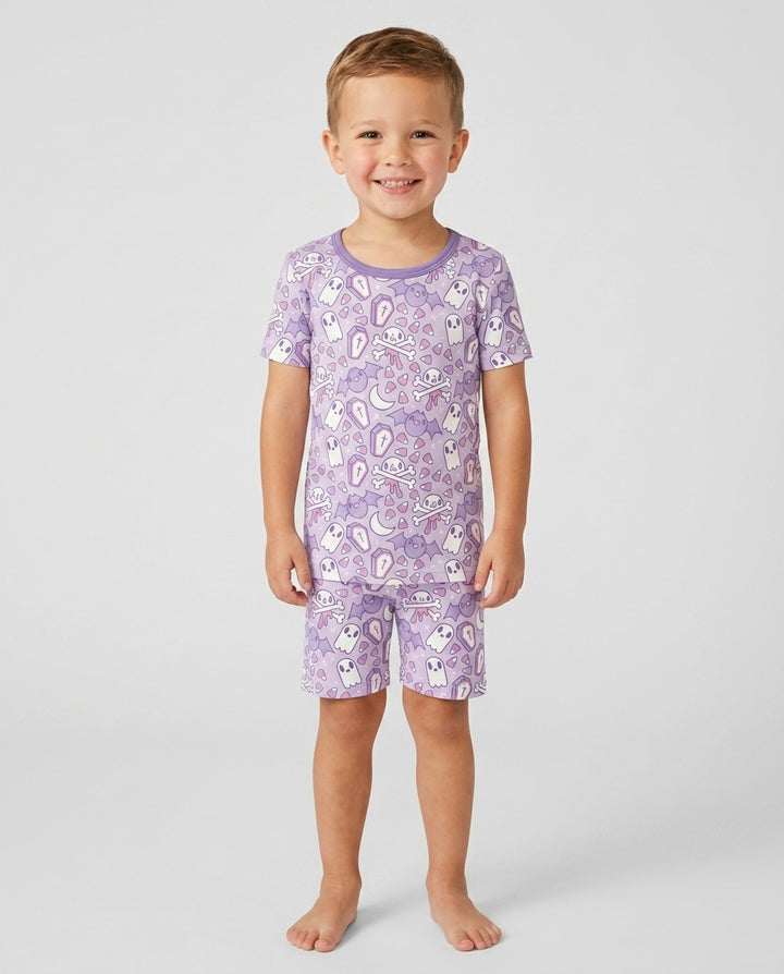Cute Ghost Halloween Pastel Purple Spooky Bamboo Two Piece Short Sleeve Shorts Pajama Set