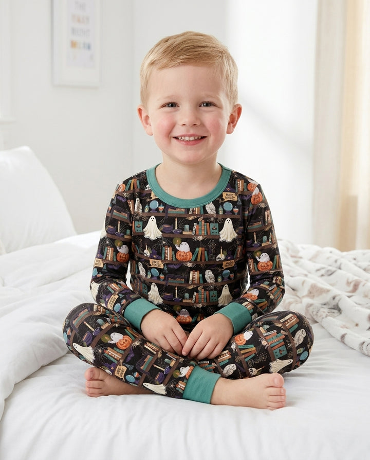Cute Ghost Witchy Halloween Magic Library Bamboo Two Piece Long Sleeve Pajama Set