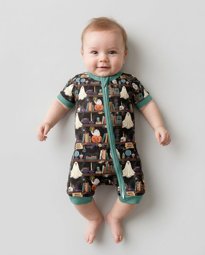Cute Ghost Witchy Halloween Magic Library Bamboo Shorty Zippy