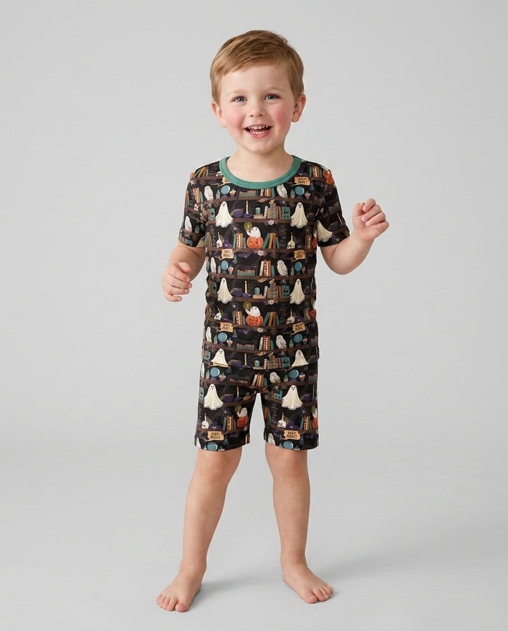 Cute Ghost Witchy Halloween Magic Library Bamboo Two Piece Short Sleeve Shorts Pajama Set