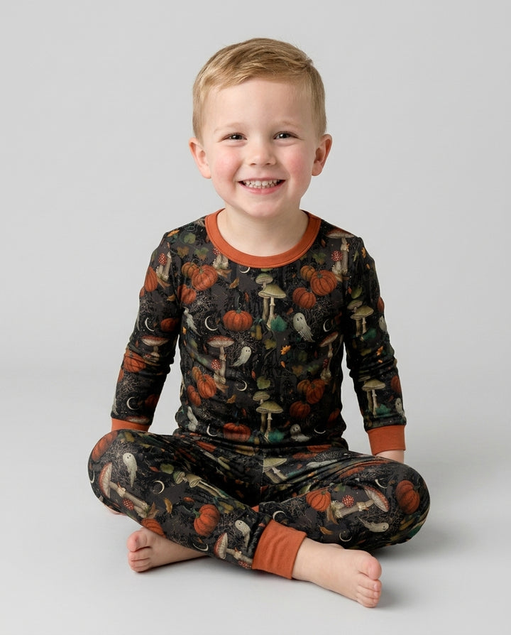 Spooky Cute Ghost Pumpkin Mushroom Halloween Bamboo Two Piece Long Sleeve Pajama Set