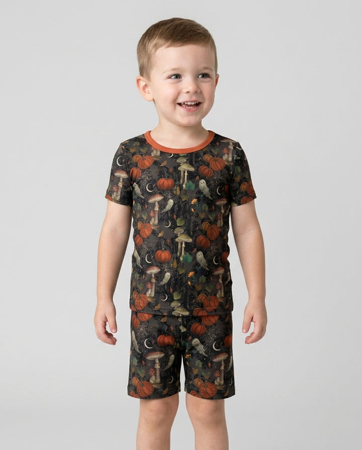 Spooky Cute Ghost Pumpkin Mushroom Halloween Bamboo Two Piece Short Sleeve Shorts Pajama Set