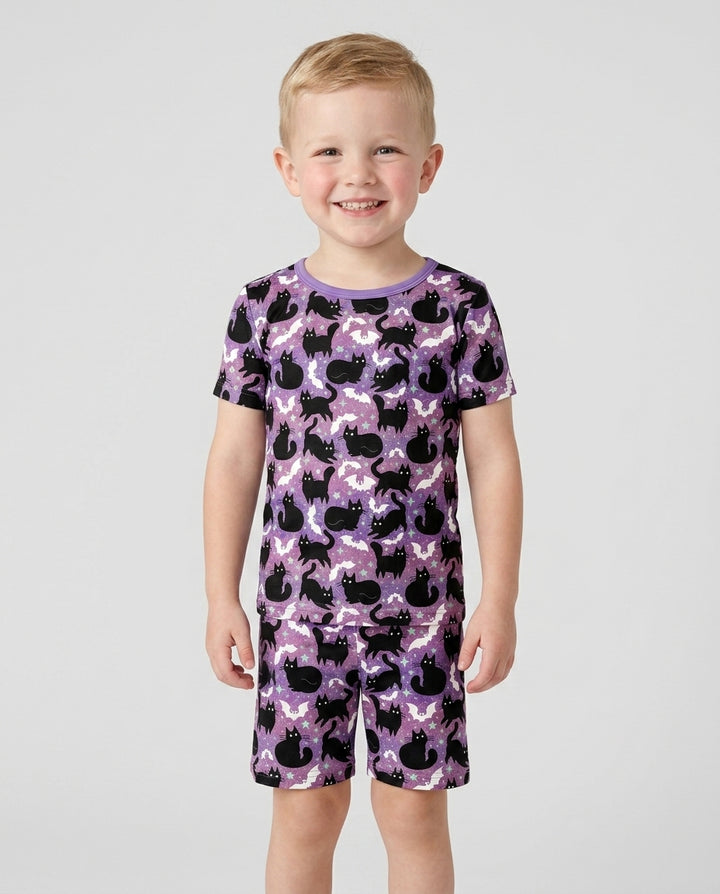Spooky Black Cat Halloween Purple Bats Bamboo Two Piece Short Sleeve Shorts Pajama Set