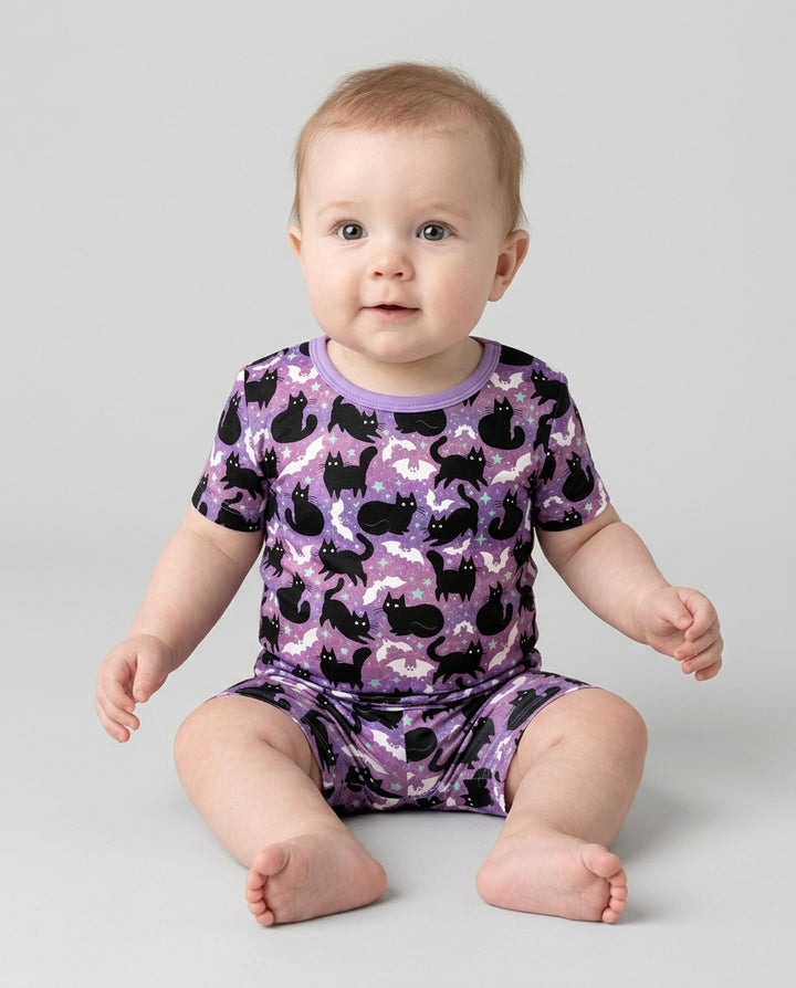 Spooky Black Cat Halloween Purple Bats Bamboo Shorty Zippy