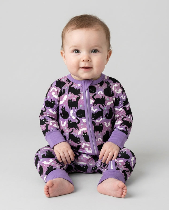 Spooky Black Cat Halloween Purple Bats Bamboo Convertible Zippy