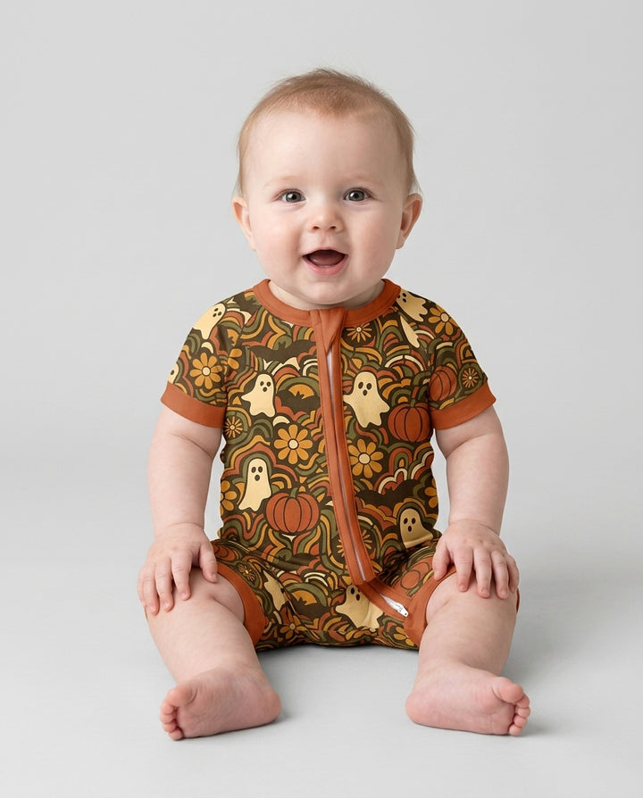 Retro Halloween Ghost Pumpkin Floral Bamboo Shorty Zippy