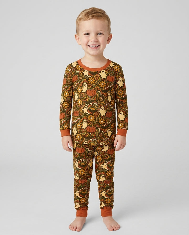 Retro Halloween Ghost Pumpkin Floral Bamboo Two Piece Long Sleeve Pajama Set