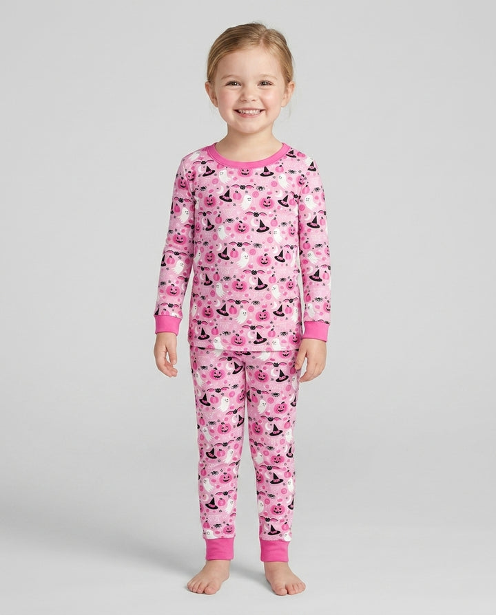 Cute Pink Halloween Ghost Pumpkin Witch Bamboo Two Piece Long Sleeve Pajama Set