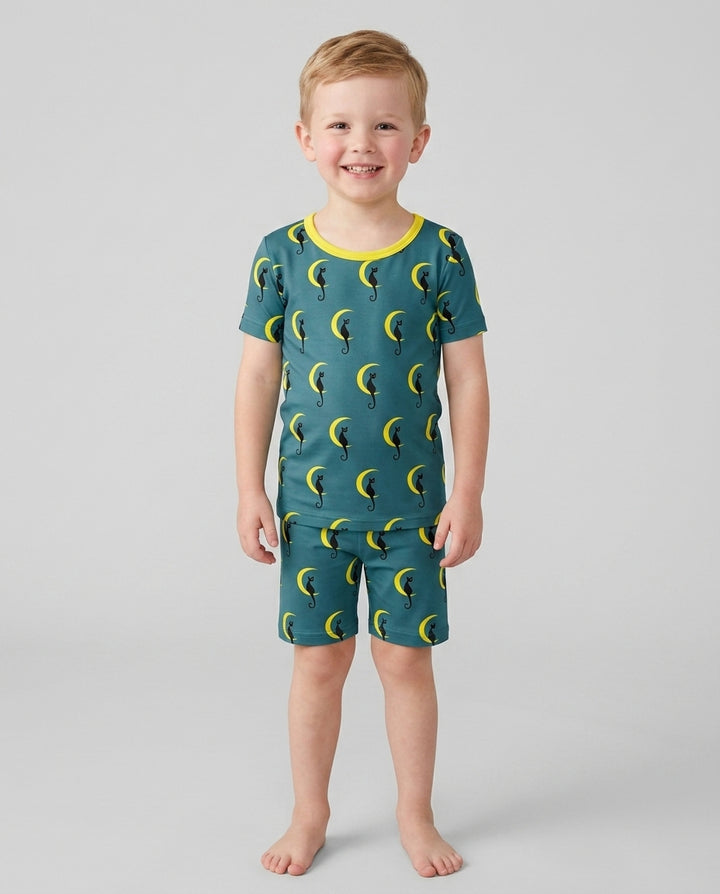 Black Cat Crescent Moon Celestial Night Bamboo Two Piece Short Sleeve Shorts Pajama Set