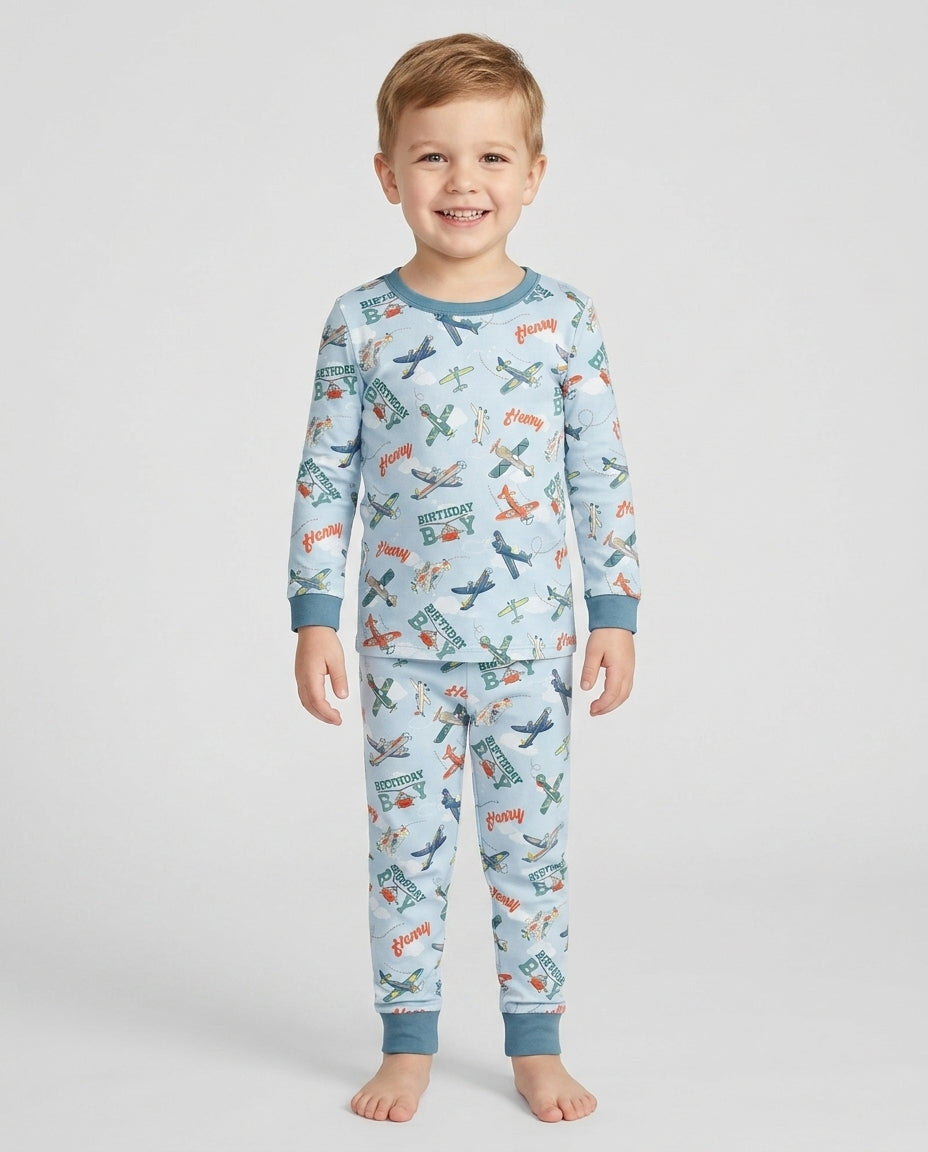 Personalized Airplane Birthday Boy Bamboo Two Piece Long Sleeve Pajama Set