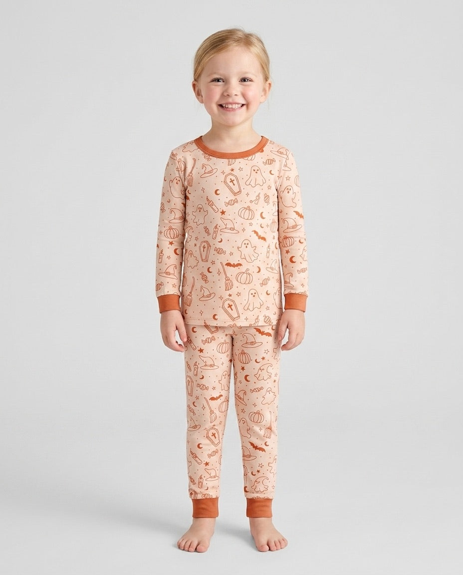 Cute Aesthetic Spooky Halloween Boo Bamboo Two Piece Long Sleeve Pajama Set