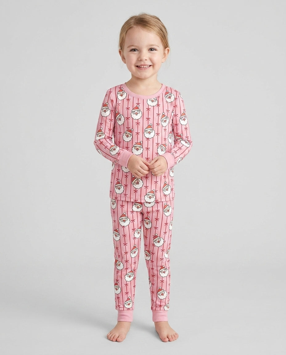 Pink Santa Bow Stripe Christmas Bamboo Two Piece Long Sleeve Pajama Set