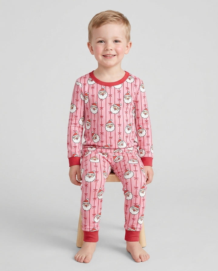 Pink Santa Bow Stripe Christmas Bamboo Two Piece Long Sleeve Pajama Set