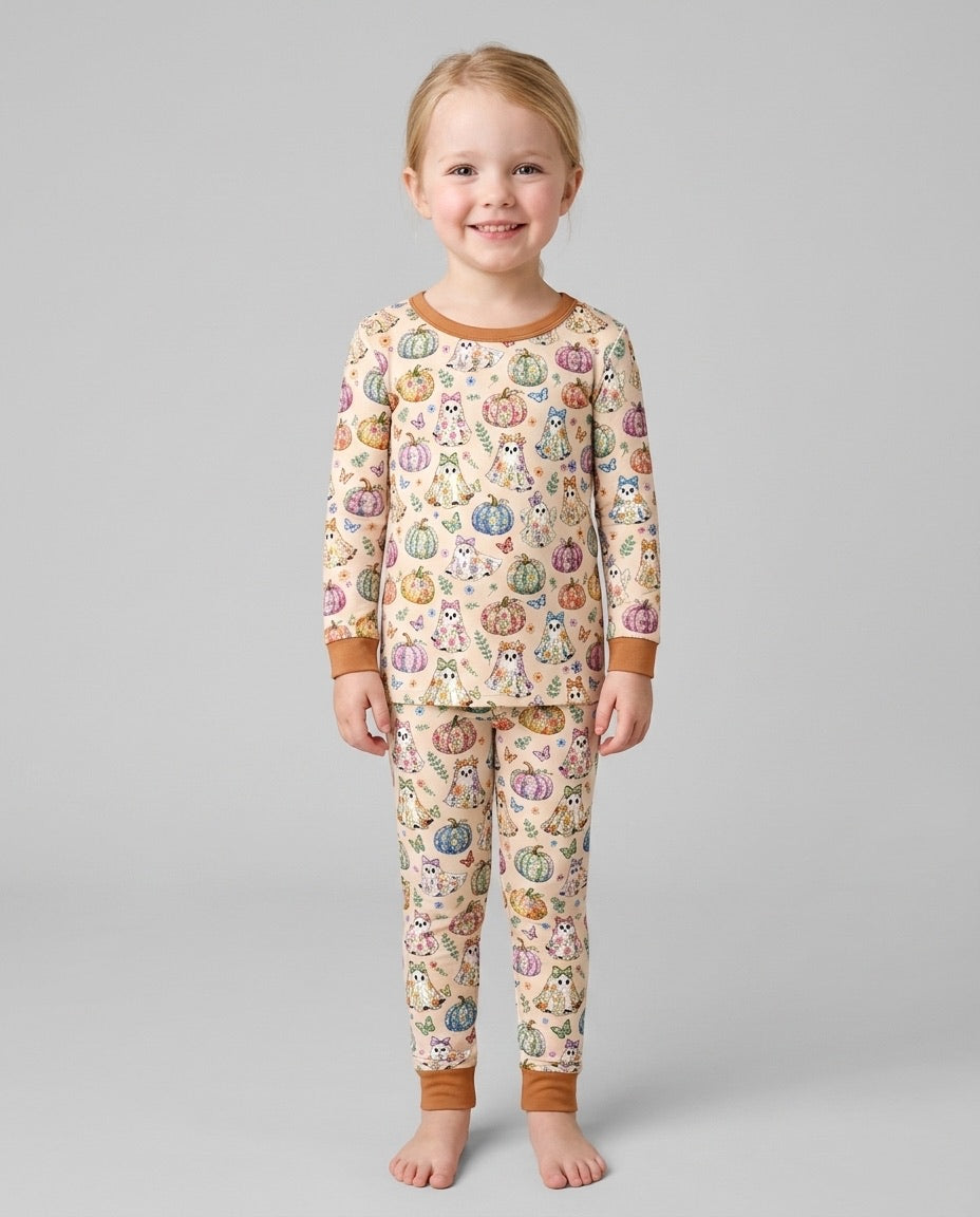 Floral Ghost Halloween Bamboo Two Piece Long Sleeve Pajama Set
