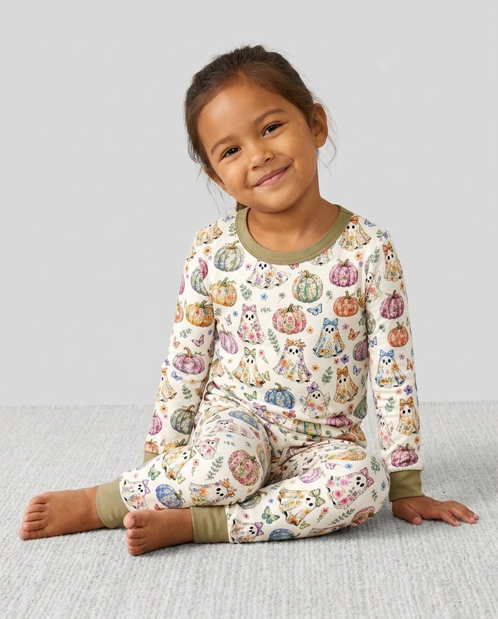 Floral Ghost Halloween Bamboo Two Piece Long Sleeve Pajama Set