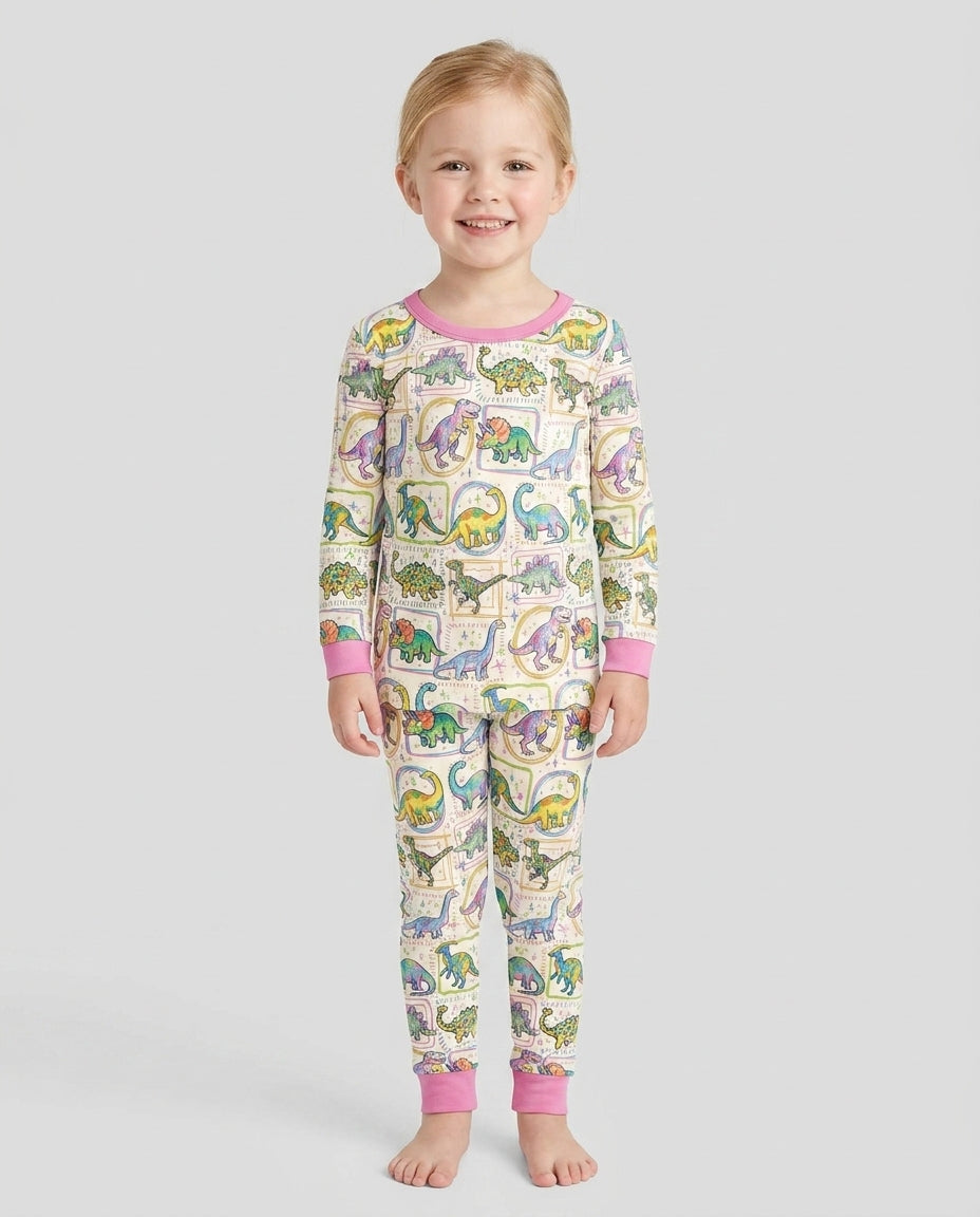 Colorful Dino Sketchbook Bamboo Two Piece Long Sleeve Pajama Set