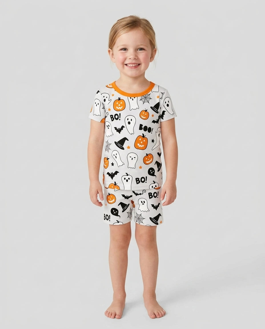 Halloween Boo & Pumpkin Glow In The Dark Bamboo Two Piece Short Sleeve Shorts Pyjamas Set