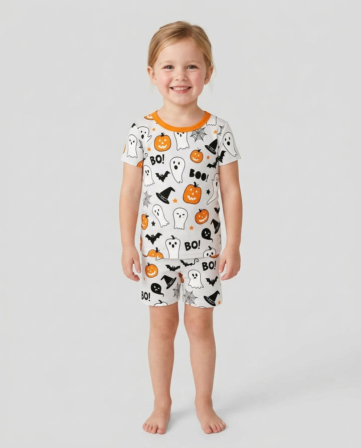 Halloween Boo & Pumpkin Glow In The Dark Bamboo Two Piece Short Sleeve Shorts Pyjamas Set