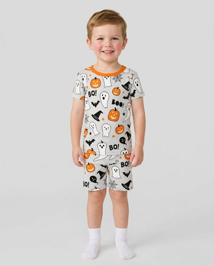Halloween Boo & Pumpkin Glow In The Dark Bamboo Two Piece Short Sleeve Shorts Pyjamas Set