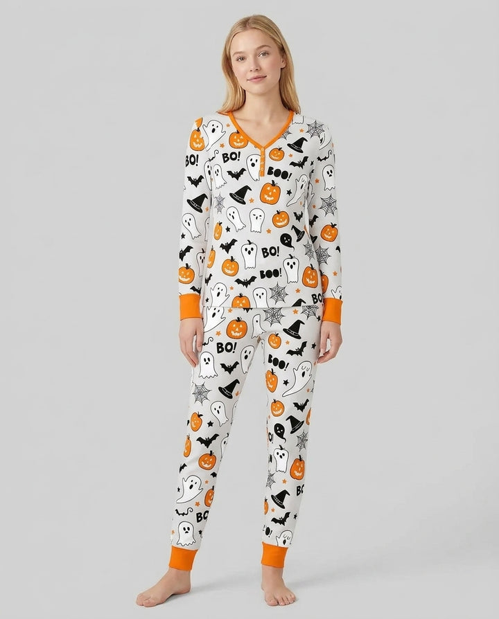 Halloween Boo & Pumpkin Glow In The Dark Bamboo Women Pyjamas Set