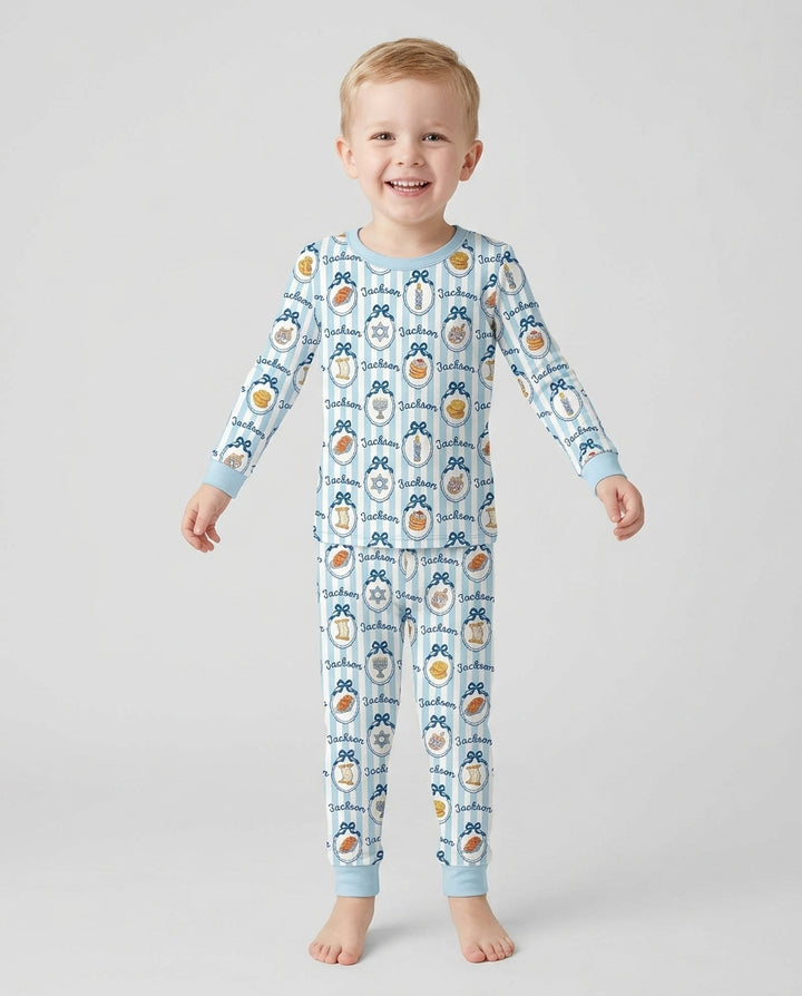 Custom Name Hanukkah Striped Bamboo Two Piece Long Sleeve Pajama Set