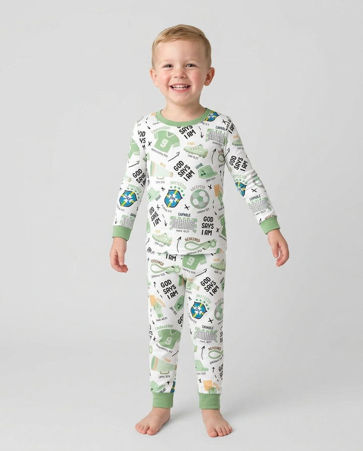 Personalized God Says I Am SOCCER Bamboo Two Piece Long Sleeve Pajama Set
