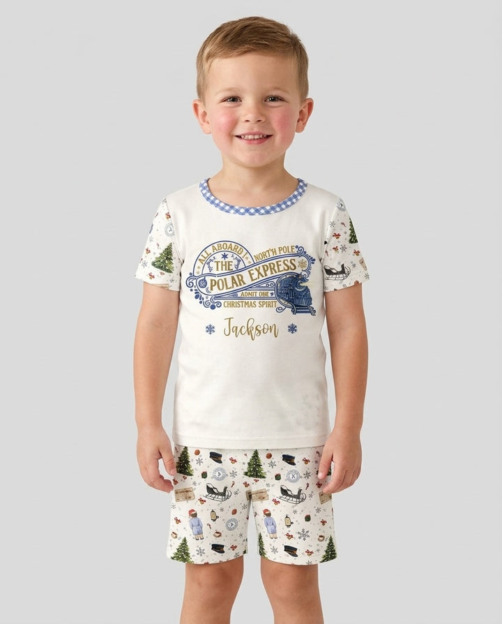 Custom Name North Pole Adventure Bamboo Two Piece Short Sleeve Shorts Pajama Set