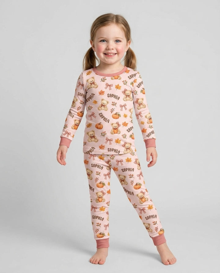 Fall Gingham Bow Teddy Bear Bamboo Two Piece Long Sleeve Pajama Set