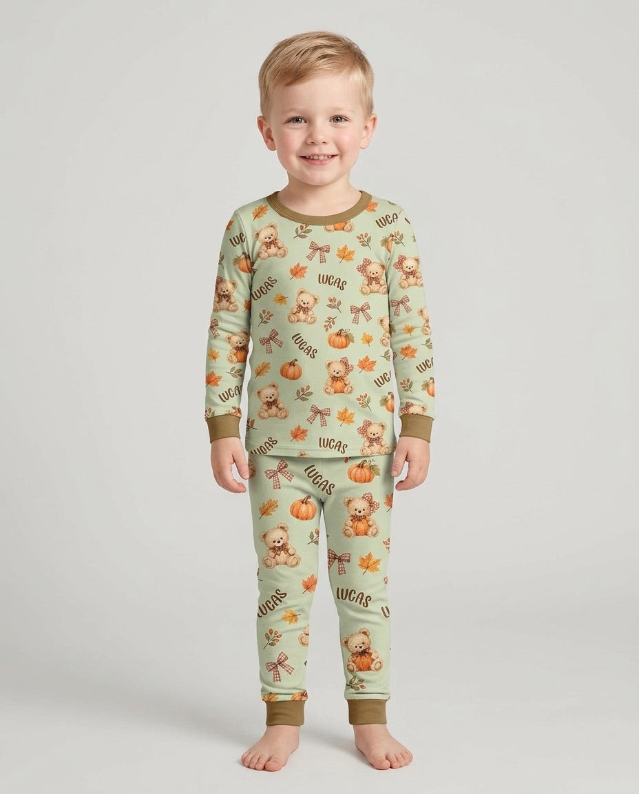 Fall Gingham Bow Teddy Bear Bamboo Two Piece Long Sleeve Pajama Set