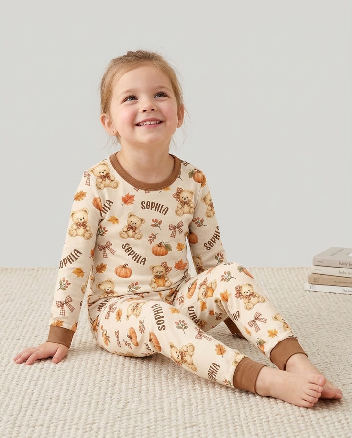 Fall Gingham Bow Teddy Bear Bamboo Two Piece Long Sleeve Pajama Set