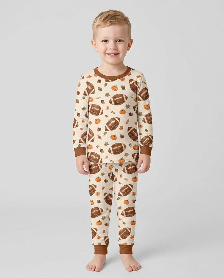 Custom Name Football Season Happy Fall Bamboo Two Piece Long Sleeve Pajama Set