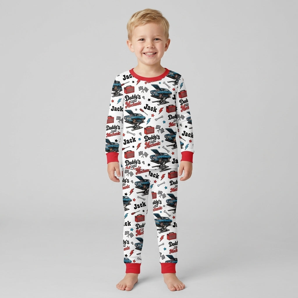 Custom Name Daddy's Little Mechanic Bamboo Two Piece Long Sleeve Pajama Set