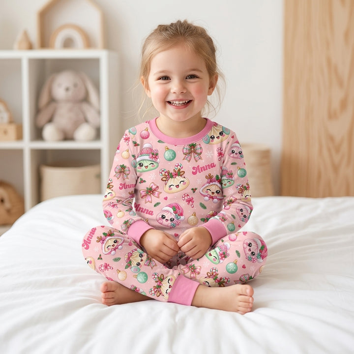 Custom Name Kawaii Christmas Dumpling Bamboo Two Piece Long Sleeve Pajama Set