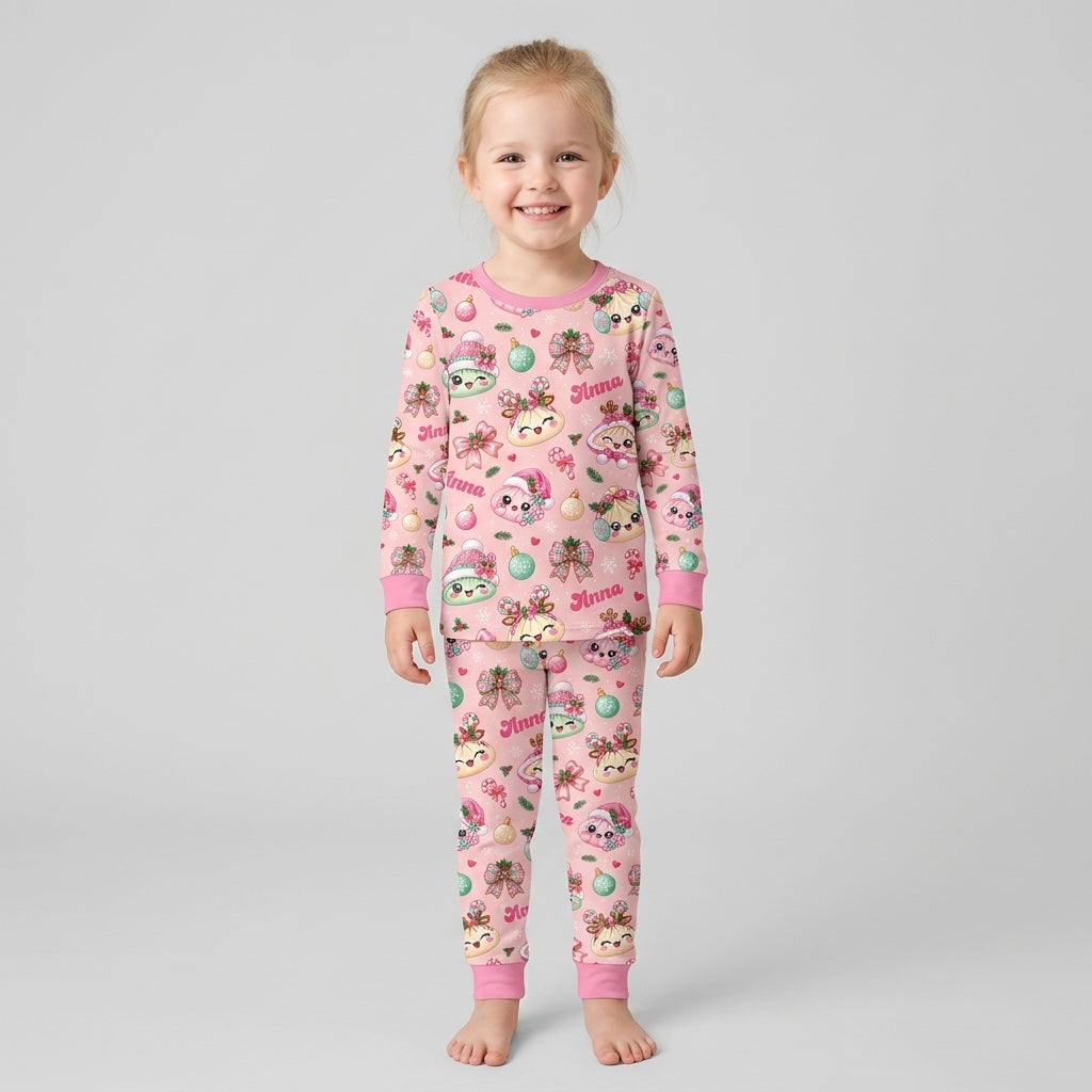 Custom Name Kawaii Christmas Dumpling Bamboo Two Piece Long Sleeve Pajama Set