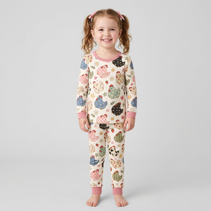 Playful Farm Chicken Bamboo Two Piece Long Sleeve Pajama Set