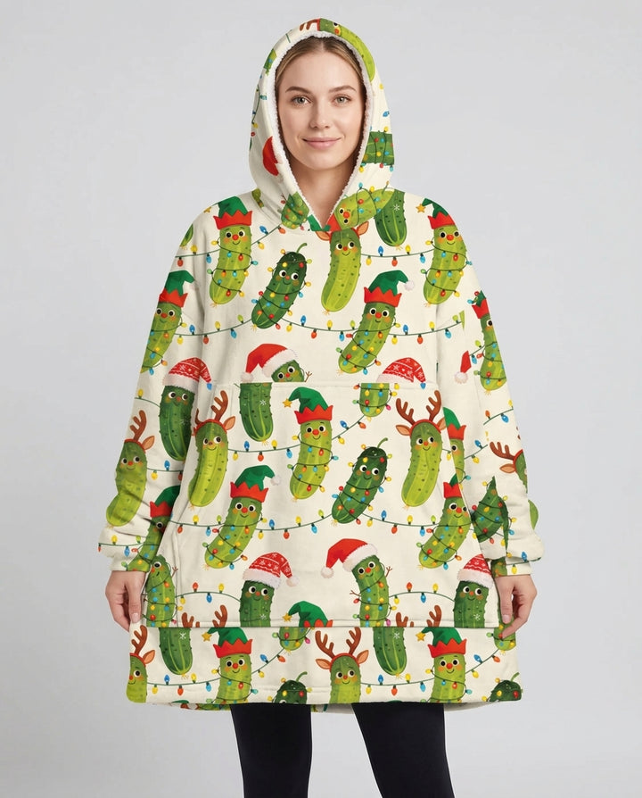 Cheerful Christmas Pickle Bamboo Blanket Hoodie