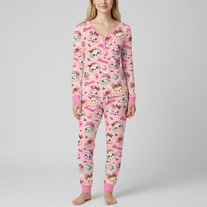 Custom Name Kawaii Christmas Dumpling Bamboo Women Pajama Set
