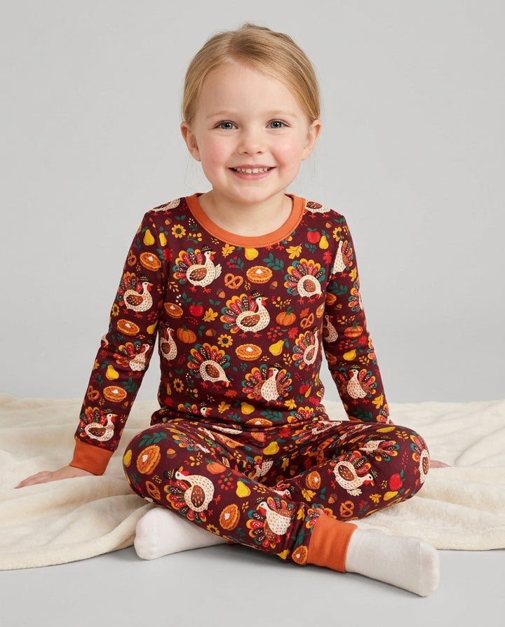 Festive Turkey Fall Harvest Bamboo Two Piece Long Sleeve Pajama Set