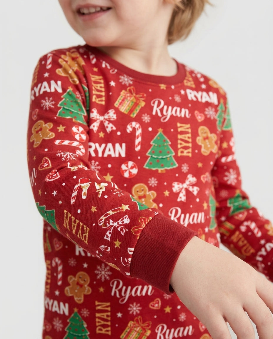 Custom Name Christmas Crew Family Matching Bamboo Two Piece Long Sleeve Pajama Set
