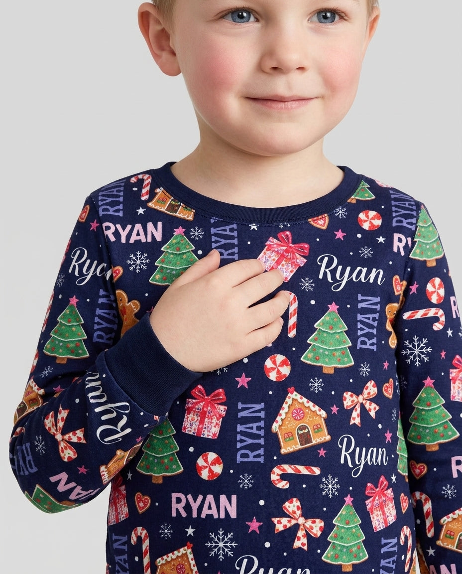 Custom Name Christmas Crew Family Matching Bamboo Two Piece Long Sleeve Pajama Set