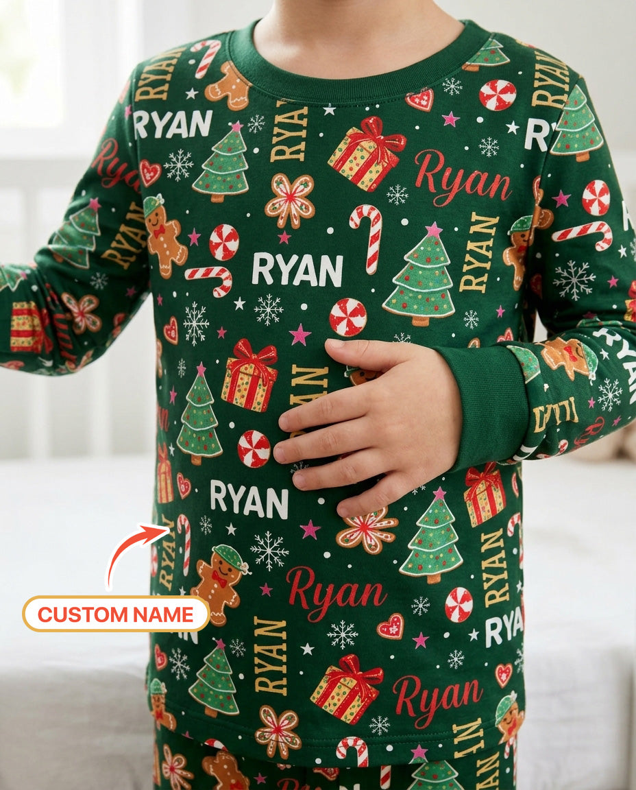 Custom Name Christmas Crew Family Matching Bamboo Two Piece Long Sleeve Pajama Set