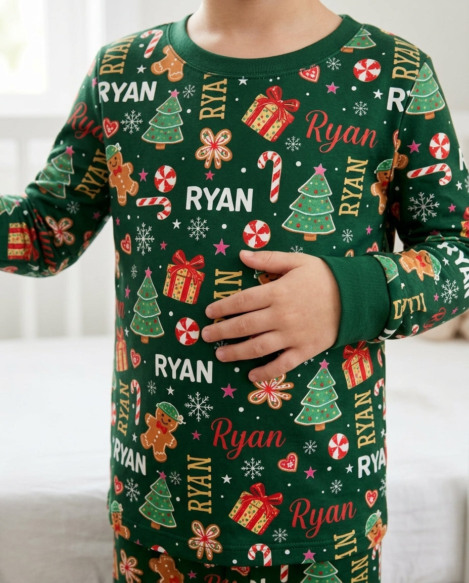 Custom Name Christmas Crew Family Matching Bamboo Two Piece Long Sleeve Pajama Set