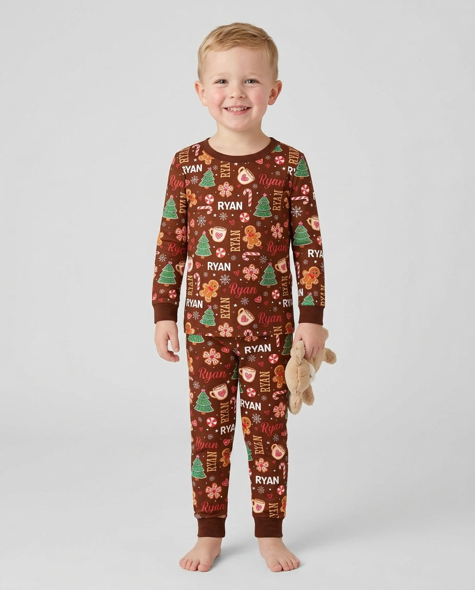 Custom Name Christmas Crew Family Matching Bamboo Two Piece Long Sleeve Pajama Set