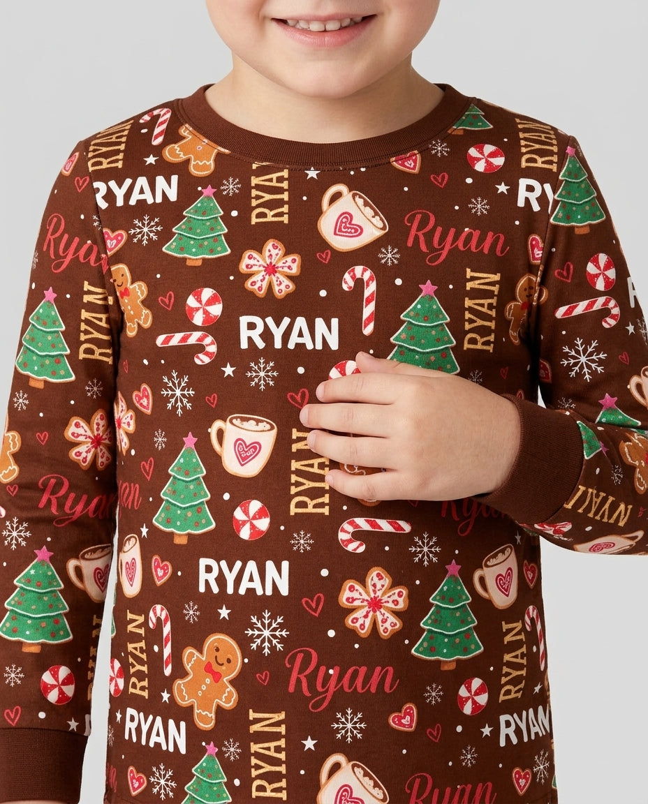 Custom Name Christmas Crew Family Matching Bamboo Two Piece Long Sleeve Pajama Set