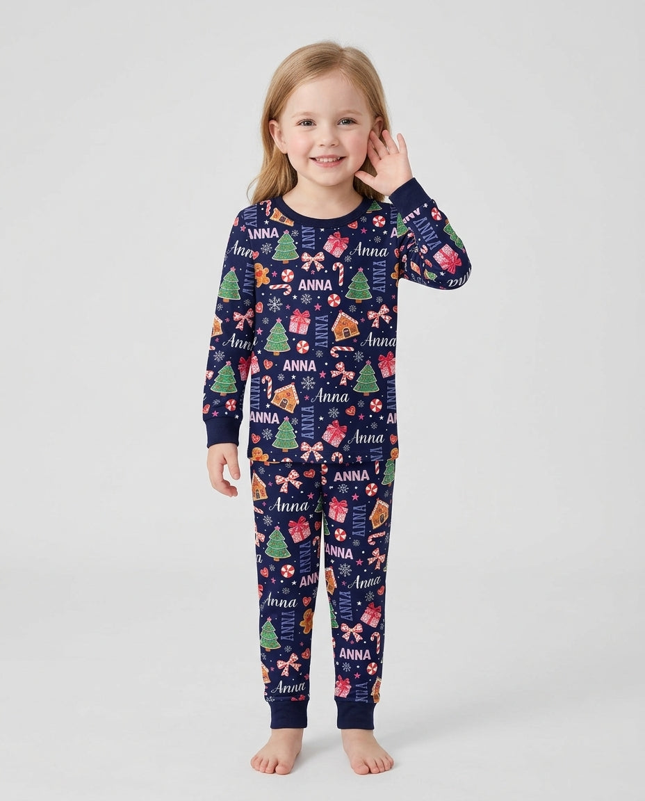 Custom Name Christmas Crew Family Matching Bamboo Two Piece Long Sleeve Pajama Set