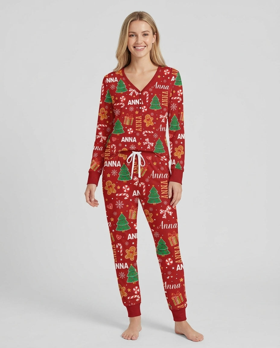 Custom Name Christmas Crew Family Matching Bamboo Women Pajama Set